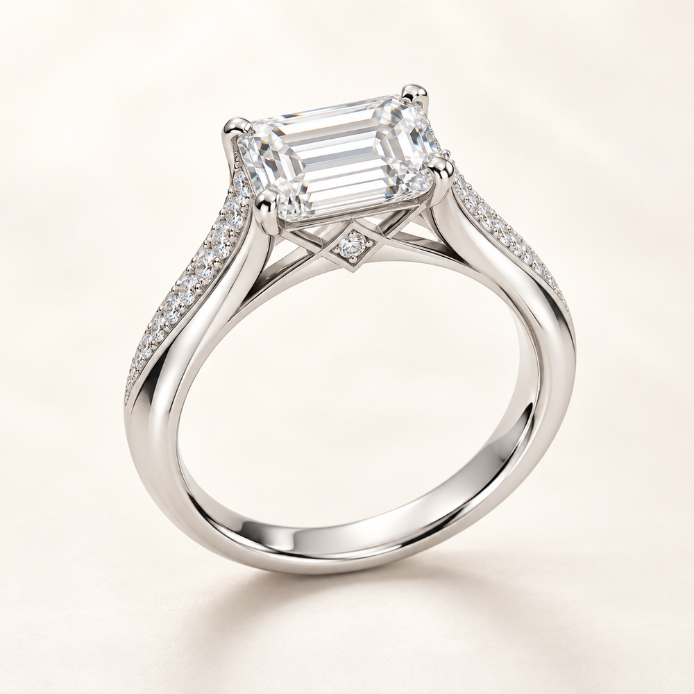 Ophda® Celene East-West Emerald-Cut Moissanite Ring